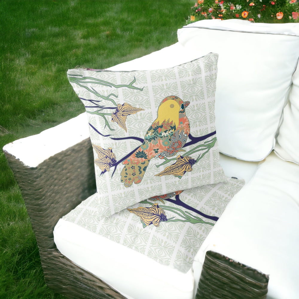 Homeroots Set Of Two 16" X 16" Green And White Bird Blown Seam Floral Indoor Outdoor Throw Pillow  Polyester 535413