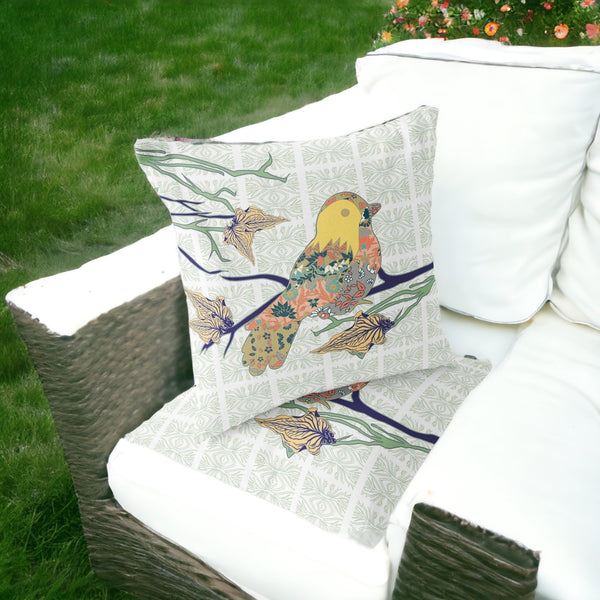 Homeroots Set Of Two 16" X 16" Green And White Bird Blown Seam Floral Indoor Outdoor Throw Pillow  Polyester 535413