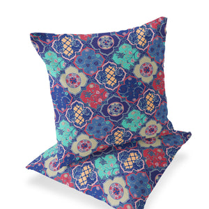 Homeroots Set Of Two 16" X 16" Blue And Green Blown Seam Floral Indoor Outdoor Throw Pillow  Polyester 535415