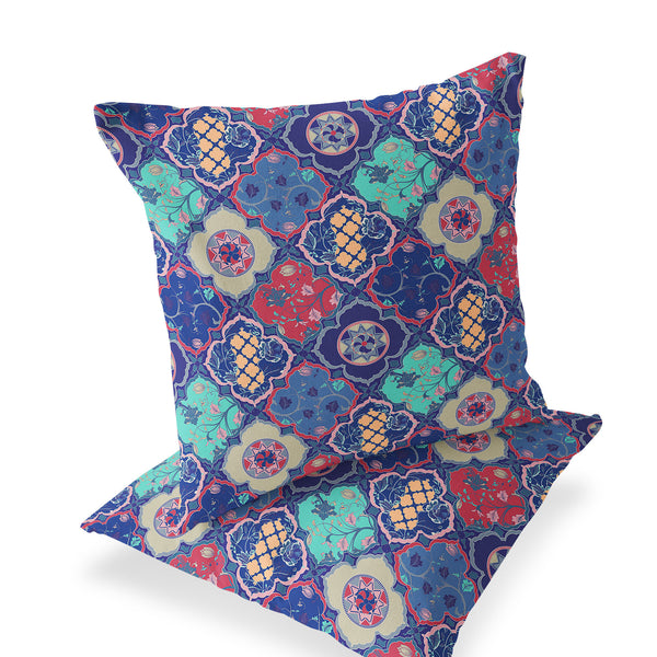 Homeroots Set Of Two 16" X 16" Blue And Green Blown Seam Floral Indoor Outdoor Throw Pillow  Polyester 535415