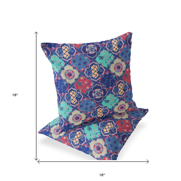Homeroots Set Of Two 16" X 16" Blue And Green Blown Seam Floral Indoor Outdoor Throw Pillow  Polyester 535415