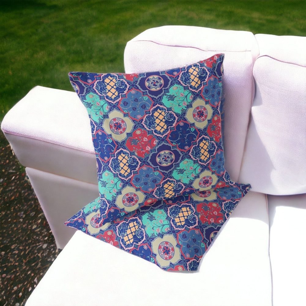 Homeroots Set Of Two 16" X 16" Blue And Green Blown Seam Floral Indoor Outdoor Throw Pillow  Polyester 535415