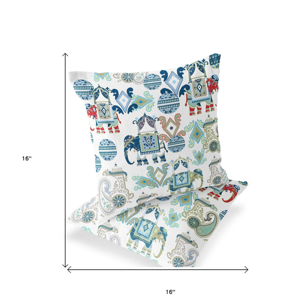 Homeroots Set Of Two 16" X 16" Blue And White Elephant Blown Seam Eclectic Indoor Outdoor Throw Pillow  Polyester 535416