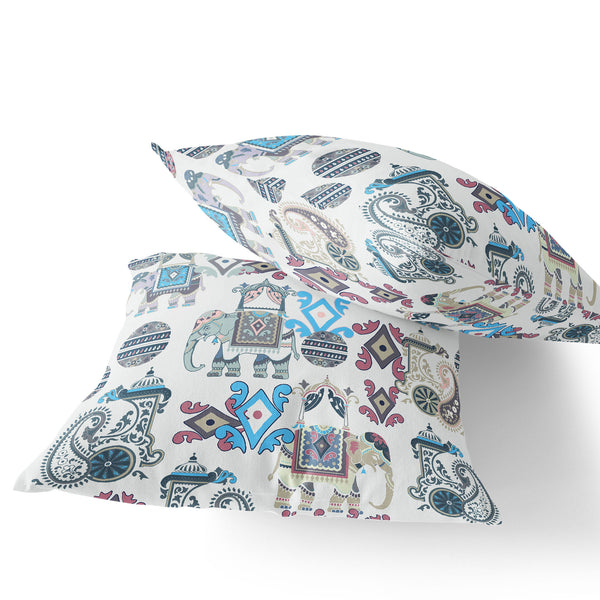 Homeroots Set Of Two 16" X 16" Beige And Blue Elephant Blown Seam Eclectic Indoor Outdoor Throw Pillow  Polyester 535420