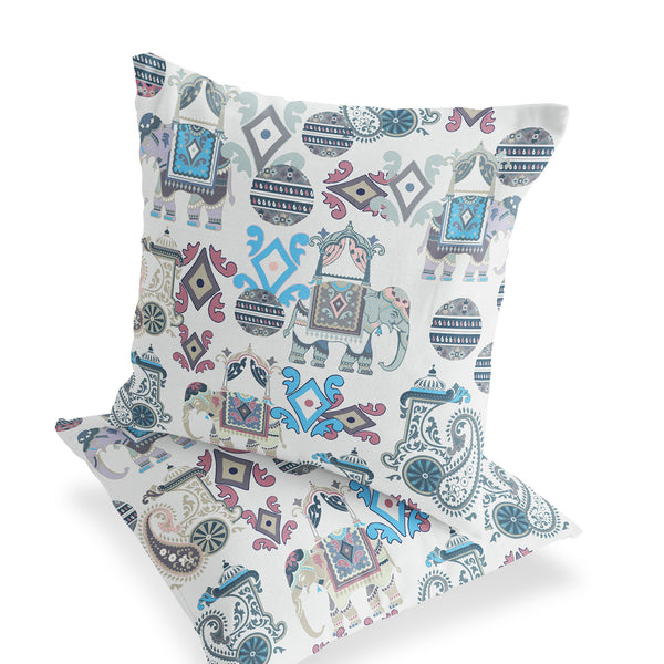 Homeroots Set Of Two 16" X 16" Beige And Blue Elephant Blown Seam Eclectic Indoor Outdoor Throw Pillow  Polyester 535420