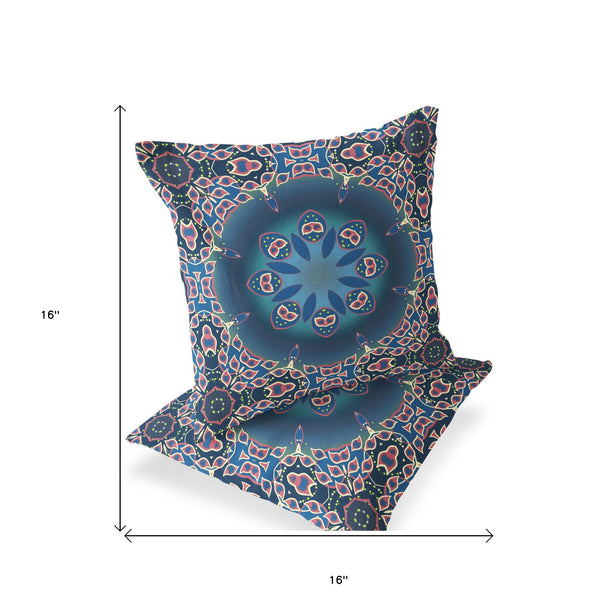Homeroots Set Of Two 16" X 16" Blue And Pink Blown Seam Floral Indoor Outdoor Throw Pillow  Polyester 535424