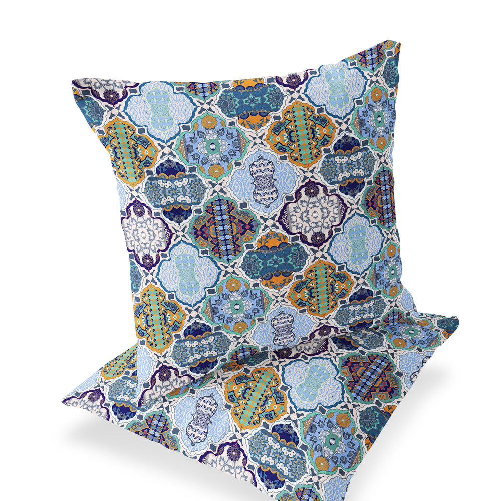 Homeroots Set Of Two 16" X 16" Blue And Orange Blown Seam Floral Indoor Outdoor Throw Pillow  Polyester 535425