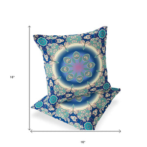 Homeroots Set Of Two 16" X 16" Blue And Green Blown Seam Floral Indoor Outdoor Throw Pillow  Polyester 535426