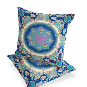 Homeroots Set Of Two 16" X 16" Blue And Green Blown Seam Floral Indoor Outdoor Throw Pillow  Polyester 535426