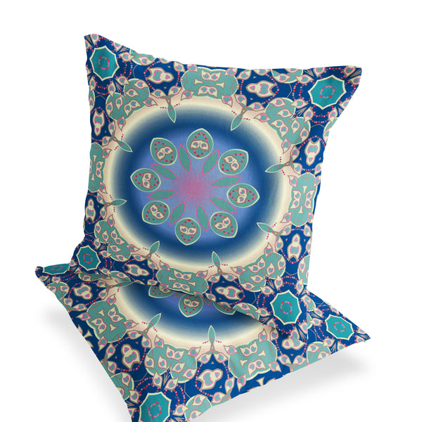 Homeroots Set Of Two 16" X 16" Blue And Green Blown Seam Floral Indoor Outdoor Throw Pillow  Polyester 535426