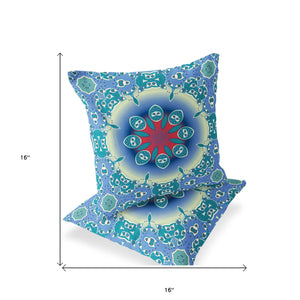 Homeroots Set Of Two 16" X 16" Blue And Green Blown Seam Floral Indoor Outdoor Throw Pillow  Polyester 535427