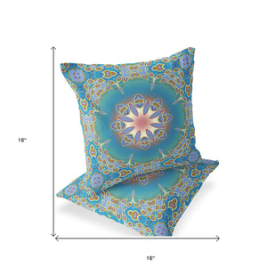 Homeroots Set Of Two 16" X 16" Blue And Green Blown Seam Eclectic Indoor Outdoor Throw Pillow  Polyester 535433