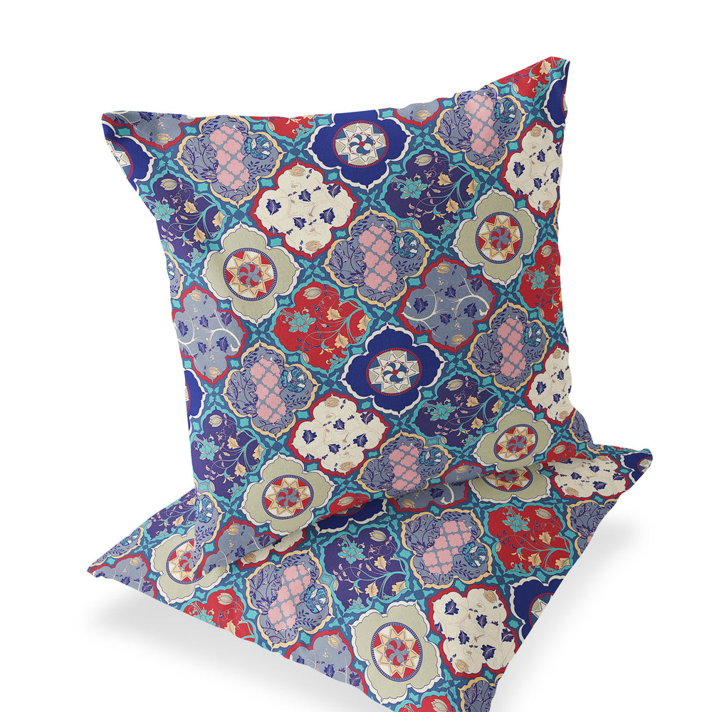Homeroots Set Of Two 16" X 16" Blue And Green Blown Seam Floral Indoor Outdoor Throw Pillow  Polyester 535436