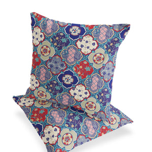Homeroots Set Of Two 16" X 16" Blue And Green Blown Seam Floral Indoor Outdoor Throw Pillow  Polyester 535436