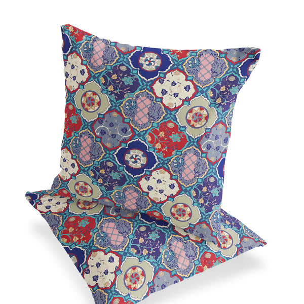Homeroots Set Of Two 16" X 16" Blue And Green Blown Seam Floral Indoor Outdoor Throw Pillow  Polyester 535436