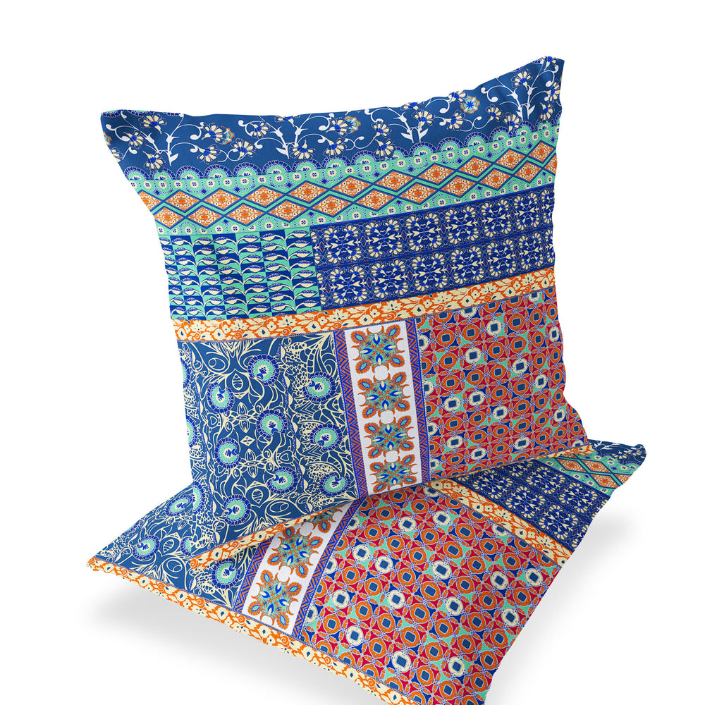 Homeroots Set Of Two 16" X 16" Blue And Orange Blown Seam Floral Indoor Outdoor Throw Pillow  Polyester 535438