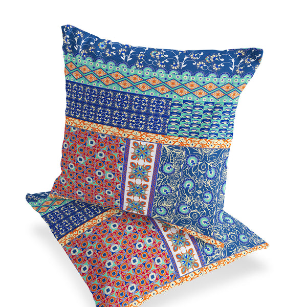Homeroots Set Of Two 16" X 16" Blue And Orange Blown Seam Floral Indoor Outdoor Throw Pillow  Polyester 535438