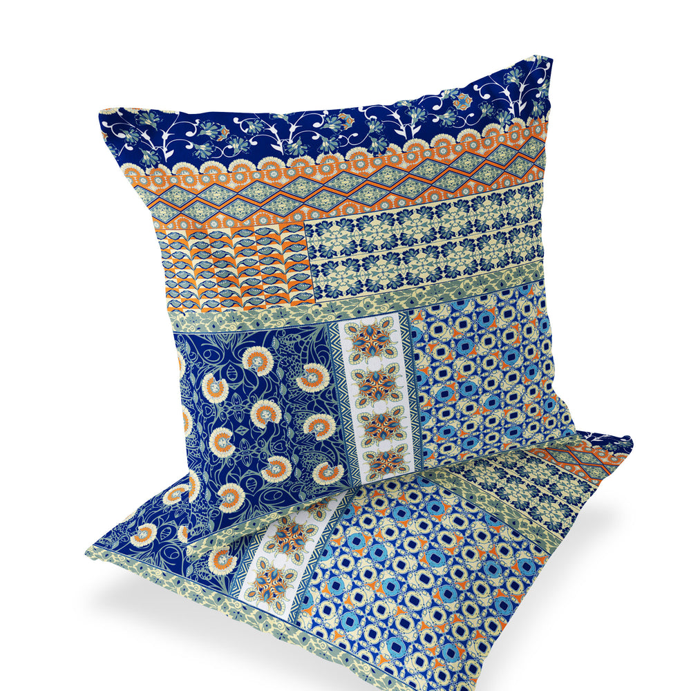 Homeroots Set Of Two 16" X 16" Blue And Orange Blown Seam Floral Indoor Outdoor Throw Pillow  Polyester 535443
