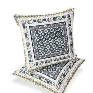 Homeroots Set Of Two 16" X 16" Green And White Blown Seam Floral Indoor Outdoor Throw Pillow  Polyester 535448