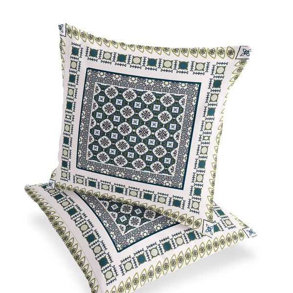 Homeroots Set Of Two 16" X 16" Green And White Blown Seam Floral Indoor Outdoor Throw Pillow  Polyester 535448