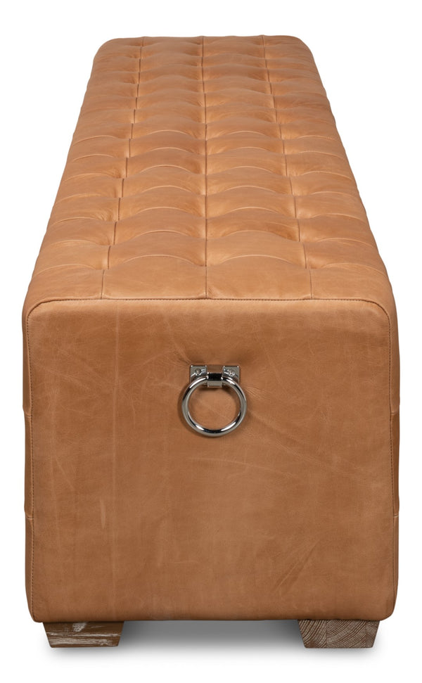 Sarreid Beam Bench - Luxurious Light Brown Tufted Leather With Oak White Wash Finish For Elegant Spaces Brown  53544