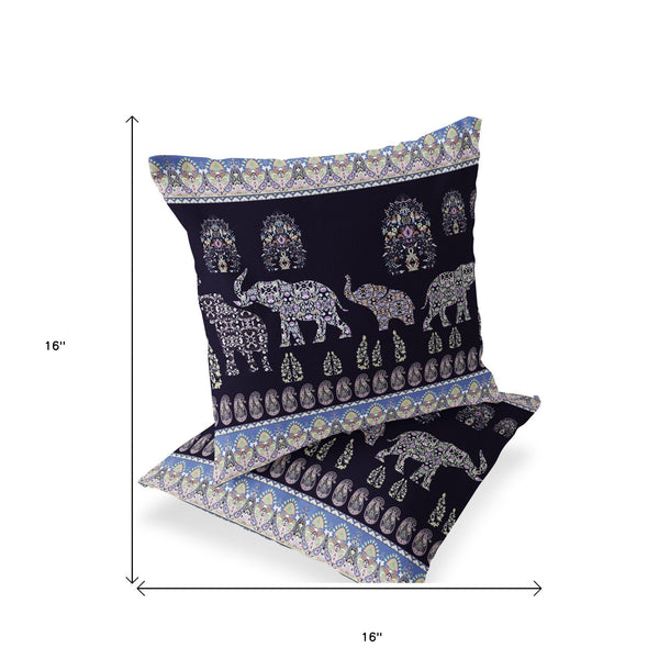 Homeroots Set Of Two 16" X 16" Blue And Purple Elephant Blown Seam Paisley Indoor Outdoor Throw Pillow  Polyester 535455