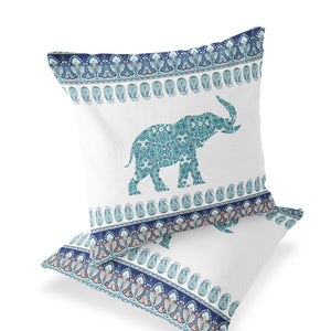 Homeroots Set Of Two 16" X 16" Blue And White Elephant Blown Seam Paisley Indoor Outdoor Throw Pillow  Polyester 535456