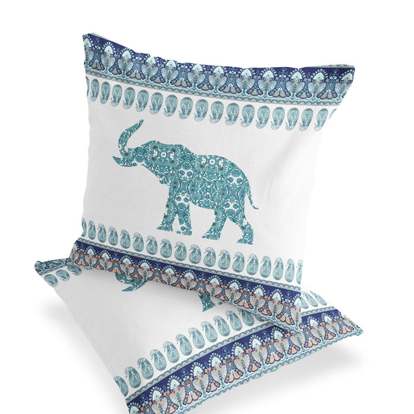 Homeroots Set Of Two 16" X 16" Blue And White Elephant Blown Seam Paisley Indoor Outdoor Throw Pillow  Polyester 535456