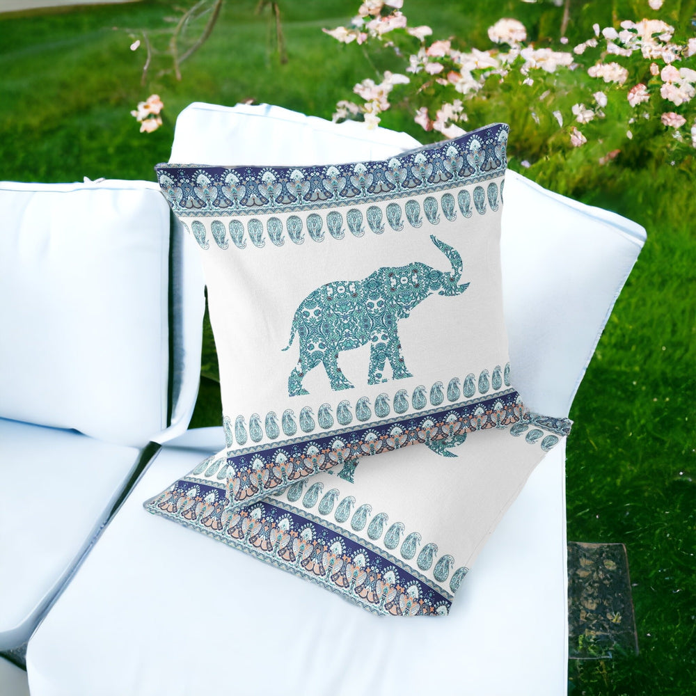 Homeroots Set Of Two 16" X 16" Blue And White Elephant Blown Seam Paisley Indoor Outdoor Throw Pillow  Polyester 535456