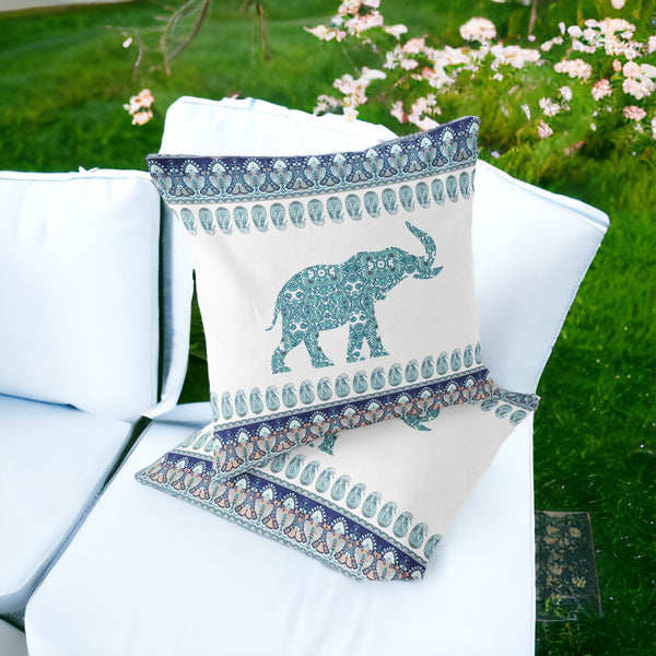 Homeroots Set Of Two 16" X 16" Blue And White Elephant Blown Seam Paisley Indoor Outdoor Throw Pillow  Polyester 535456
