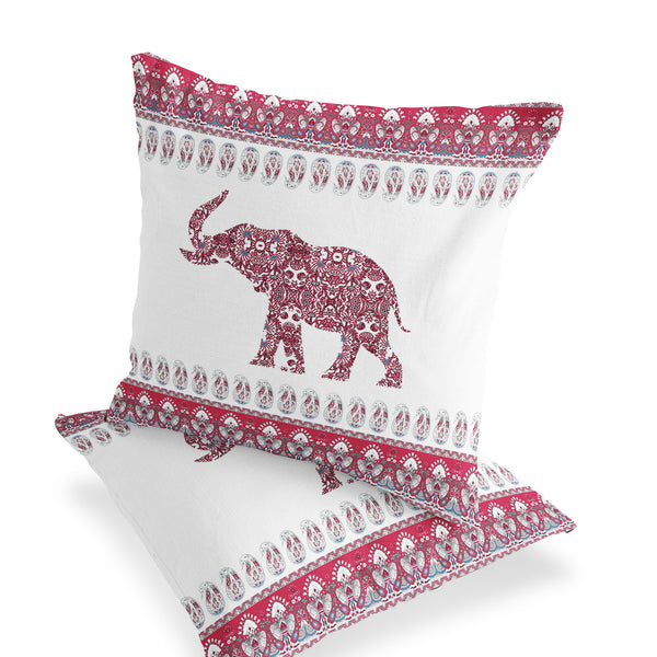 Homeroots Set Of Two 16" X 16" Red And White Elephant Blown Seam Paisley Indoor Outdoor Throw Pillow  Polyester 535457