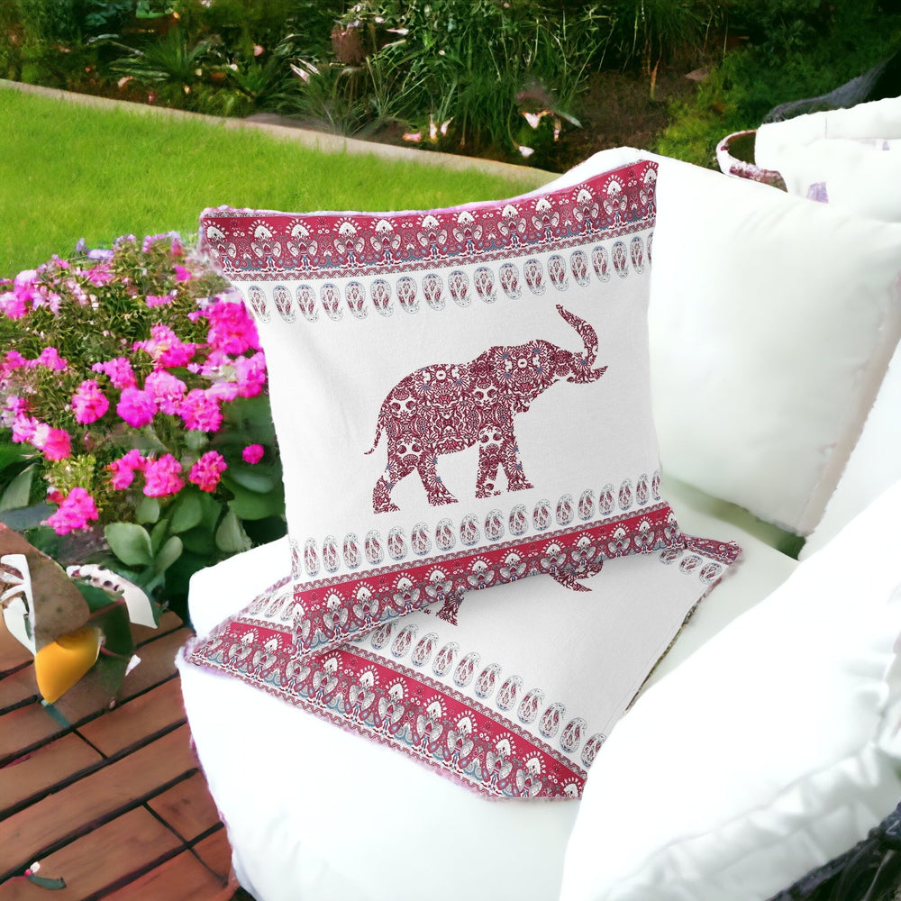 Homeroots Set Of Two 16" X 16" Red And White Elephant Blown Seam Paisley Indoor Outdoor Throw Pillow  Polyester 535457
