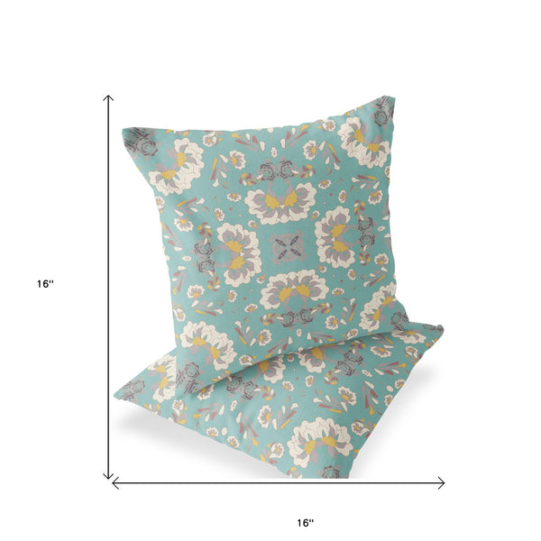 Homeroots Set Of Two 16" X 16" Green And White Blown Seam Floral Indoor Outdoor Throw Pillow  Polyester 535458