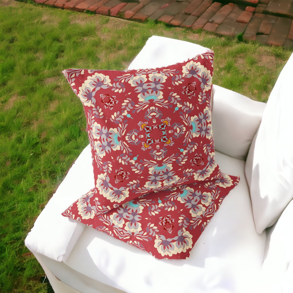 Homeroots Set Of Two 16" X 16" Red And Ivory Blown Seam Eclectic Indoor Outdoor Throw Pillow  Polyester 535461