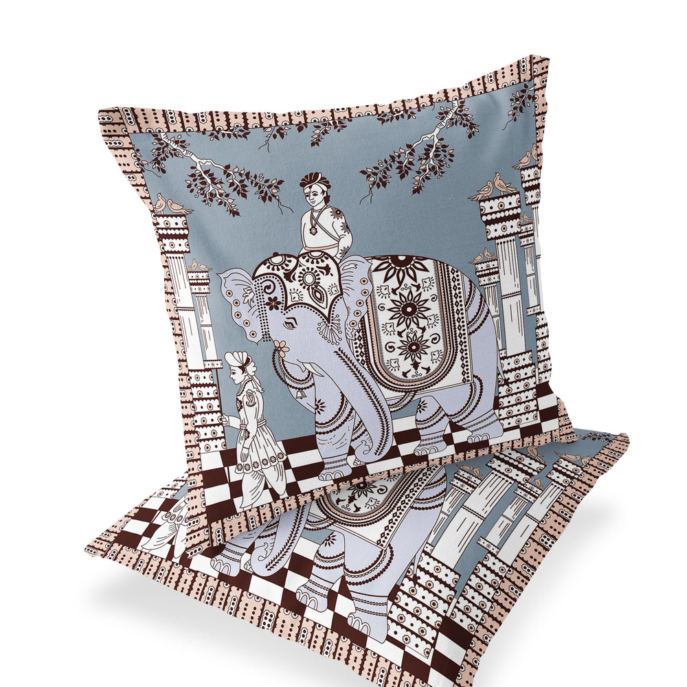 Homeroots Set Of Two 16" X 16" Blue And Brown Elephant Blown Seam Floral Indoor Outdoor Throw Pillow  Polyester 535463