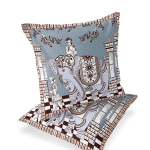 Homeroots Set Of Two 16" X 16" Blue And Brown Elephant Blown Seam Floral Indoor Outdoor Throw Pillow  Polyester 535463