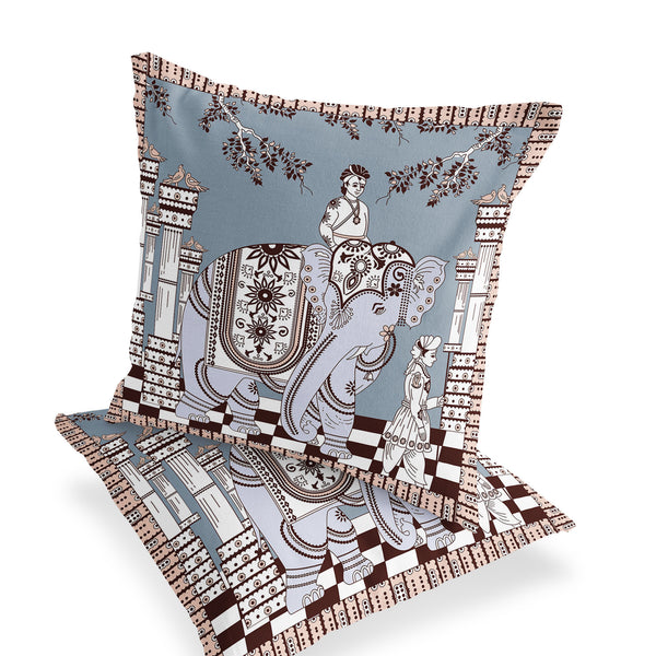 Homeroots Set Of Two 16" X 16" Blue And Brown Elephant Blown Seam Floral Indoor Outdoor Throw Pillow  Polyester 535463