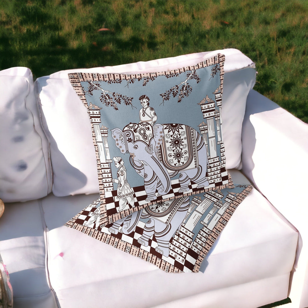 Homeroots Set Of Two 16" X 16" Blue And Brown Elephant Blown Seam Floral Indoor Outdoor Throw Pillow  Polyester 535463