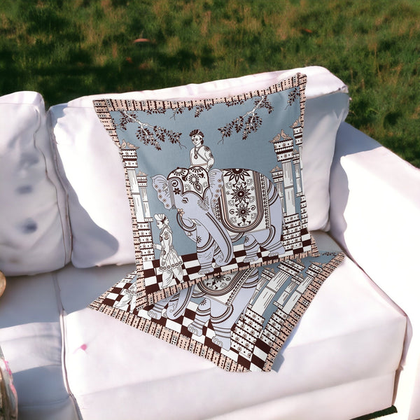 Homeroots Set Of Two 16" X 16" Blue And Brown Elephant Blown Seam Floral Indoor Outdoor Throw Pillow  Polyester 535463