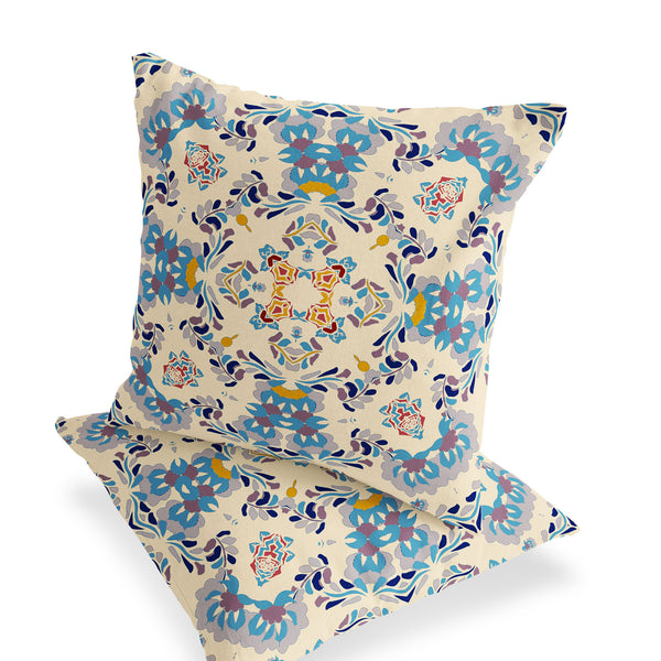 Homeroots Set Of Two 16" X 16" Blue And Off White Blown Seam Eclectic Indoor Outdoor Throw Pillow  Polyester 535464