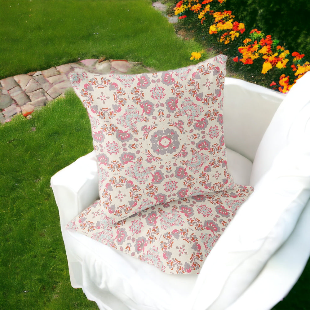 Homeroots Set Of Two 16" X 16" Pink And White Blown Seam Floral Indoor Outdoor Throw Pillow  Polyester 535468