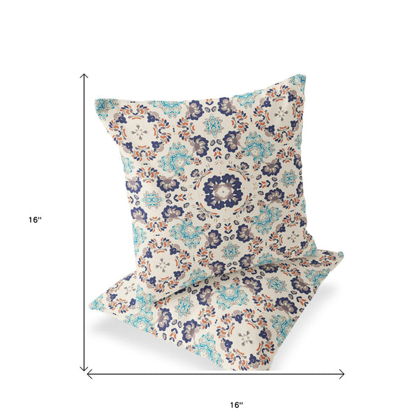 Homeroots Set Of Two 16" X 16" Blue And Off White Blown Seam Floral Indoor Outdoor Throw Pillow  Polyester 535469