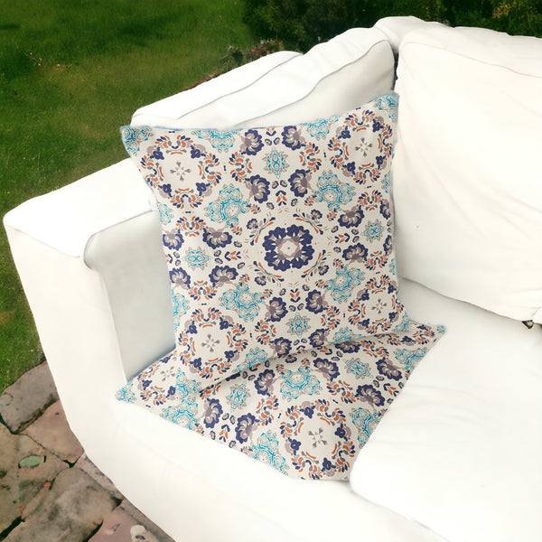Homeroots Set Of Two 16" X 16" Blue And Off White Blown Seam Floral Indoor Outdoor Throw Pillow  Polyester 535469