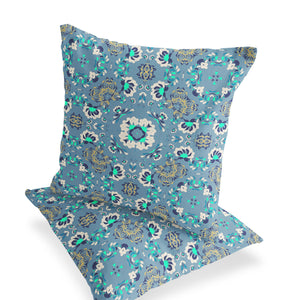 Homeroots Set Of Two 16" X 16" Blue And Green Blown Seam Floral Indoor Outdoor Throw Pillow  Polyester 535470