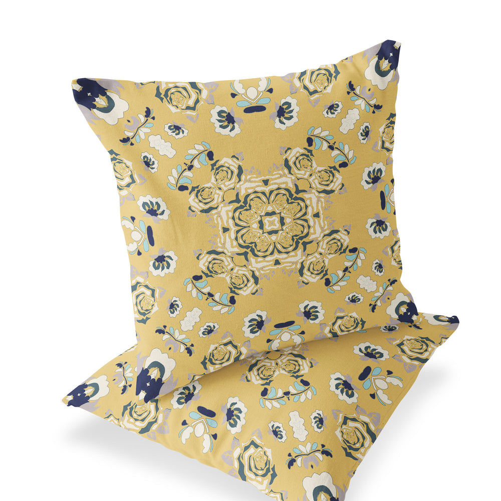 Homeroots Set Of Two 16" X 16" Blue And Yellow Blown Seam Floral Indoor Outdoor Throw Pillow  Polyester 535472