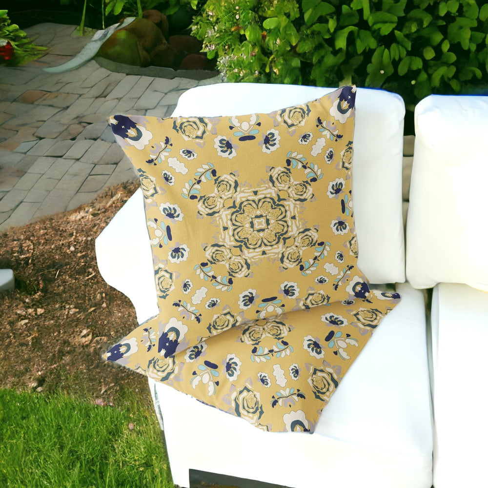 Homeroots Set Of Two 16" X 16" Blue And Yellow Blown Seam Floral Indoor Outdoor Throw Pillow  Polyester 535472
