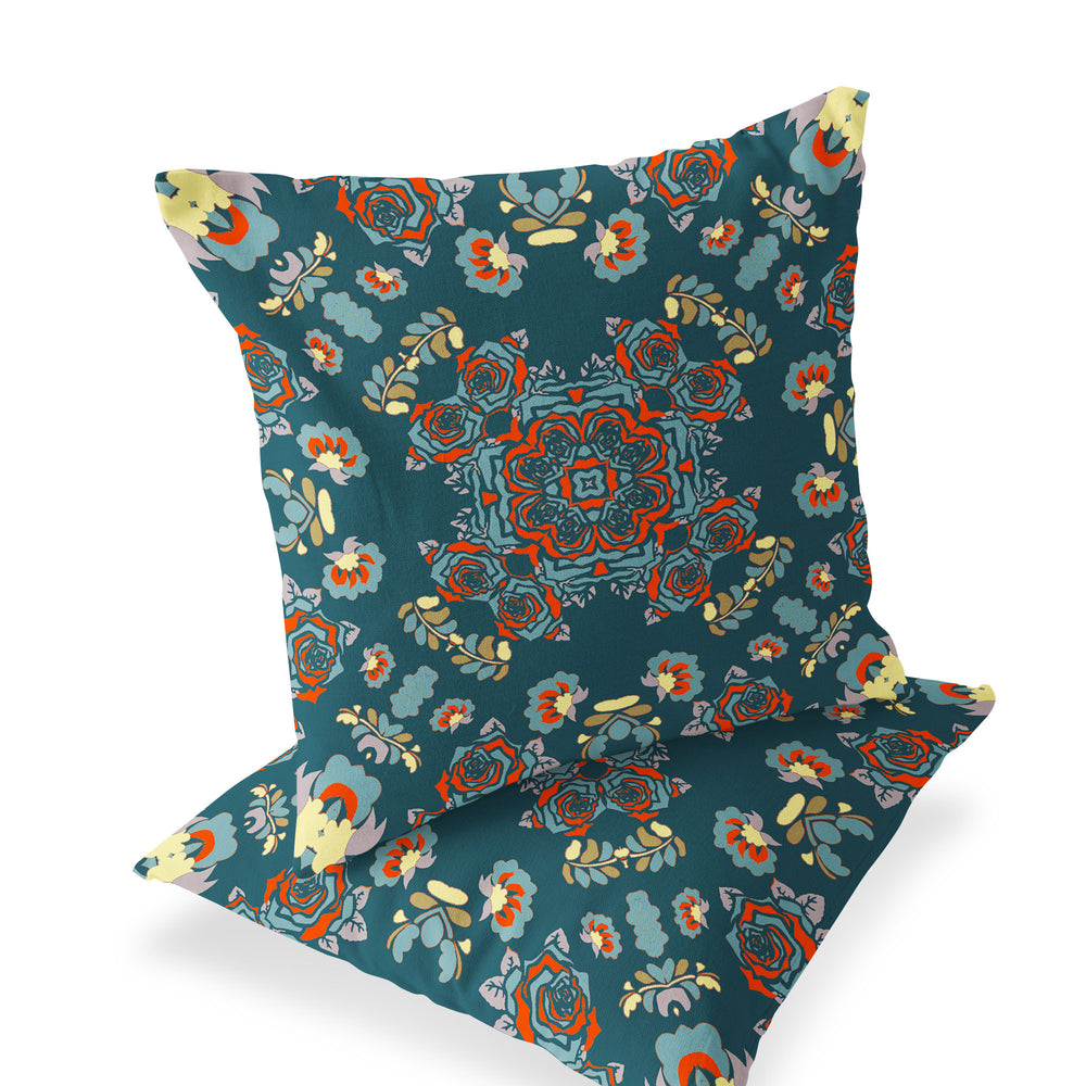 Homeroots Set Of Two 16" X 16" Green And Red Blown Seam Floral Indoor Outdoor Throw Pillow  Polyester 535477