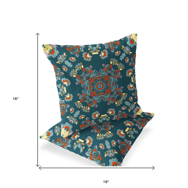 Homeroots Set Of Two 16" X 16" Green And Red Blown Seam Floral Indoor Outdoor Throw Pillow  Polyester 535477