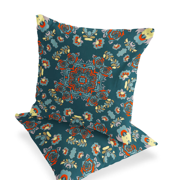 Homeroots Set Of Two 16" X 16" Green And Red Blown Seam Floral Indoor Outdoor Throw Pillow  Polyester 535477