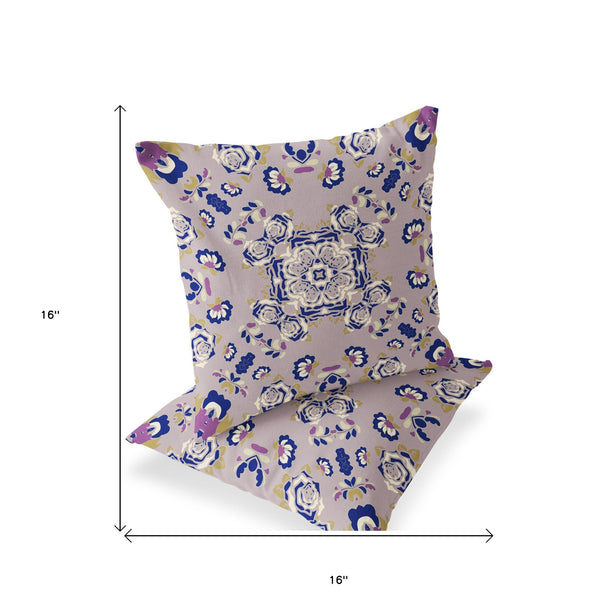 Homeroots Set Of Two 16" X 16" Blue And Purple Blown Seam Floral Indoor Outdoor Throw Pillow  Polyester 535478